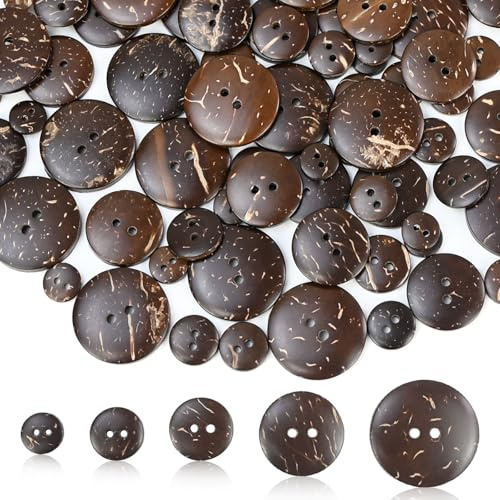 JAXICREY 100 Stück Holzknöpfe, 10/12,5/15/20/25mm Knöpfe Holz Vintage Holzknöpfe Kinder Natur Knöpfe Kaufen zum Basteln Kokosknöpfe Wood Sewing Buttons Braun mit 2 Löcher für Strickjacke DIY Nähen