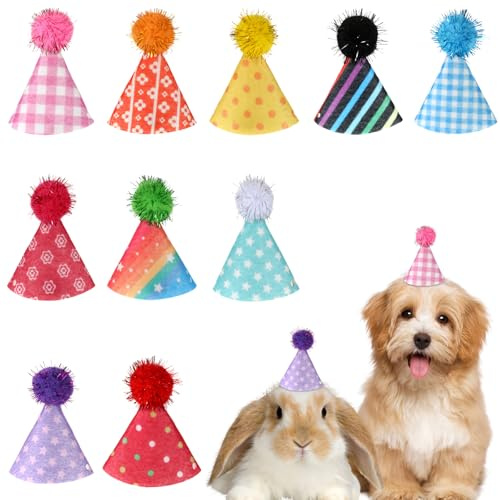 Wanmu Mini-Partyhüte für Hunde, süße kleine Katzen, Partyhüte mit Pompons, verstellbare Kätzchen, Conoid Hut, Pflegezubehör für Puppen, Welpen, Tiere, Kaninchen, Geburtstag, 8,1 cm, 10 Stück