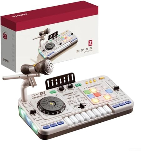 DJ Mixer per bambini console musicale con effetti di luce coinvolgenti e microfono wireless, connettività, 12 tracce, 3 effetti DJ e 12 tasti effetti sonori con 8 tasti (bianco)