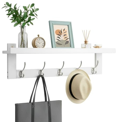 evergoods 74 cm Wall-Mounted Coat Hooks Entryway White Coat Rack | 5 Double Metal Hooks Hanging Shelf for Bathroom, Bedroom, Kitchen, Living Room, Mudroom