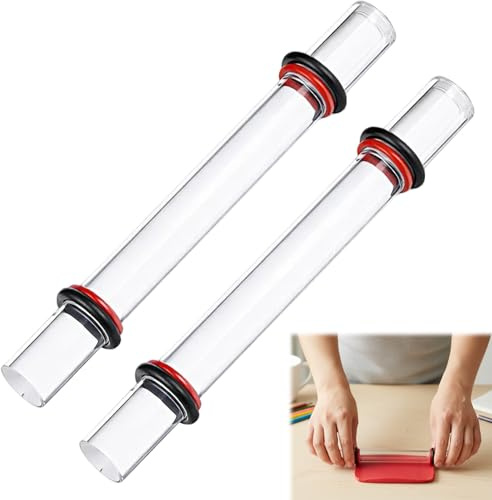 2 Pcs Acrylic Polymer Clay Roller with 4 Thickness Rings, Transparent Polymer Clay Tools Kit, Clays Rolling Rods for Air Dry Clay/Soft Clay/Stone-Clay, DIY Craft Shaping & Clays Remolding Tools Kit