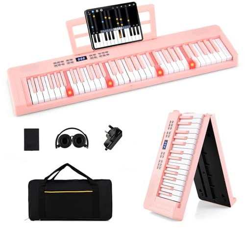 COSTWAY 61 Key Folding Digital Piano Keyboard, Portable Full Size Electric Piano with MIDI & Split Function, Headphone, Sustain Pedal, Carrying Bag, for Beginners, Kids, Adults (Pink)