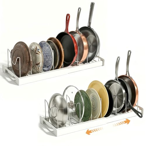 zxevg Pots & Pans Organiser 30-56cm 2 Pack White | Expandable organiser with 10 dividers for pots, pans, lids & plates. Space-saving for kitchen cabinets & drawers