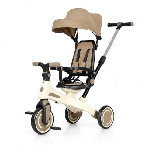 Triciclo Pieghevole per Bambini 1-4 Anni con Manubrio per Genitori - Bicicletta Evolutiva fino a 20kg - Monopattino Bambino Regolabile con Struttura Ergonomica, Beige (Premium)