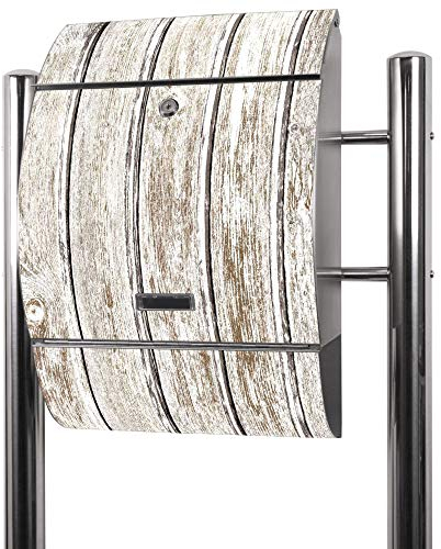 banjado® Standbriefkasten Edelstahl mit Zeitungsfach Motiv Weißes Holz/Briefkasten mit Standfuß/Edelstahl Briefkasten freistehend - A4 Einwurf inkl. 2 Schlüssel