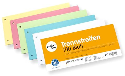 perfect line - 100 Trennstreifen für Ordner A4, Trennblätter aus Recycling-Karton, Made in Germany, 5 Farben, gelocht, Blauer Engel zertifiziert