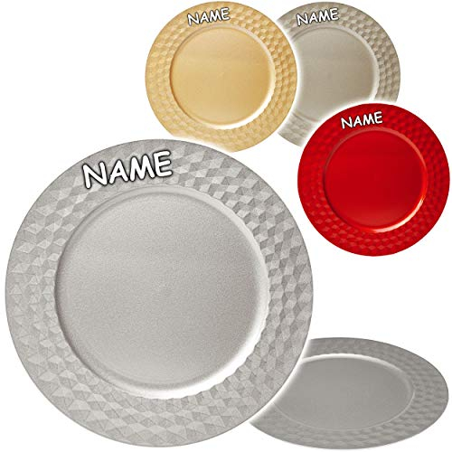 alles-meine.de GmbH großer edler - XL Teller - Platzteller/Unterteller/Plätzchenteller - Ø 33 cm - inkl. Name - Silber/Gold/rot - Glanz - Rautenmuster gehämmert - Silbert..