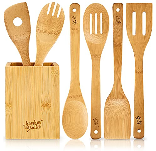 bambuswald© set écologique de 6 accessoires de cuisine avec boîte de rangement | Couverts de cuisine en bambou 100% durable - ensemble de spatules cuillères en bois ustensiles de cuisine