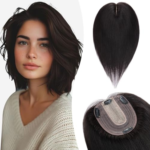 6 Pouces Toupet Femme Complément Capillaire Volumateur Cheveux Naturels 10 * 12cm Cheveux Naturels Silk Top Super Qualité, 1B Noir Naturel