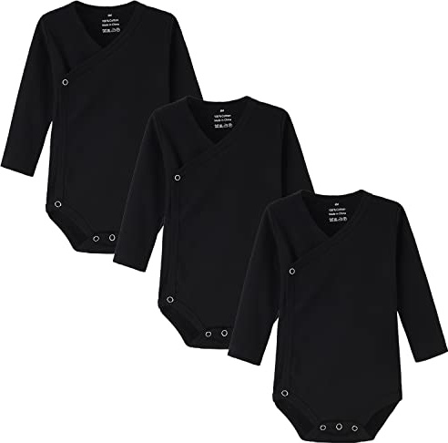 BINIDUCKLING 3er Pack Baby Jungen Mädchen Langarm Wickelbodys - 100% Baumwoll Baby Body mit Seitlichen Druckknöpfen für 3-6 Monate, Schwarz