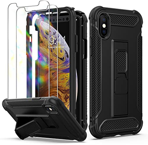 ORETECH 5-in-1 iPhone XS MAX Hülle Mit Schutzfolie, Ständer, Vordere Und Hintere Abdeckung - Militärschutz Stoßfest Schutzhülle für iPhone XS Max 6,5 Schwarz