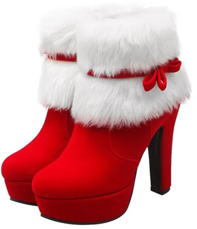 ERINGOGO Women Christmas Ankle Boots, Winter Fur Lined Platform Pointed Toe Suede High Heel, Side Zipper Santa Claus Booties