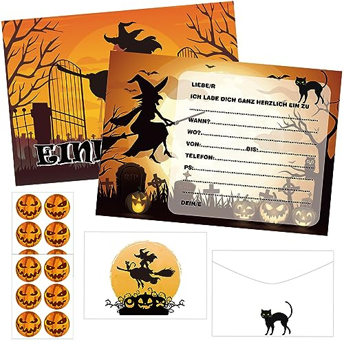 Qunkun 12 Halloween Karte, Halloween Einladungskarten Kinder,Halloween Kindergeburtstag Halloween Party Einladungen, Mit Umschlägen Und Halloween-Aufklebern（A）