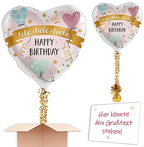 Liebe-Lache-Lebe Heliumballon inkl. Heliumfüllung, Schmuckbänder, Gewicht und Karte mit Wunschtext als Geschenk oder an Wuschadresse senden