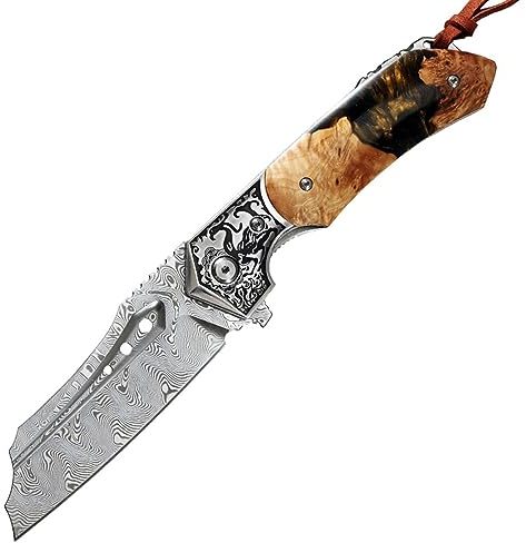 TABKER Klappmesser mit Wharncliffeklinge für Outdoor & Survival, Damaszener Stahl, Holzgriff, einhändig zu öffnen, rutschfest, Klassisch, Wiederverwendbar