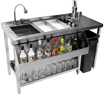 Monster Shop Estación de coctelería de acero inoxidable 90 L aislada, separadores extraíbles, fregadero grande, mezclador giratorio 360 grados, carril