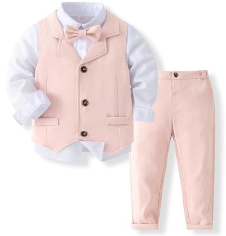 Volunboy Trajes para Bebé Niños de Boda, Bautizo Conjunto de Chaleco, Camisa, Pantalón, Pajarita(18-24 Meses,Rosa Claro,Tamaño 90)