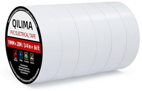 QILIMA White Electrical Tape, 19mm x 20m, Strong Self-Adhesive PVC Insulation Tape for Insulating, Repairing and Protecting Electrical Wires, Pack of 6 Rolls