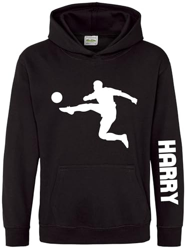 Purple Print House Personalised Footballer Kids Hoodie Boys Girls Custom Name Footie Player Hooded Jumper Soccer Top, 9-11 Years, Black