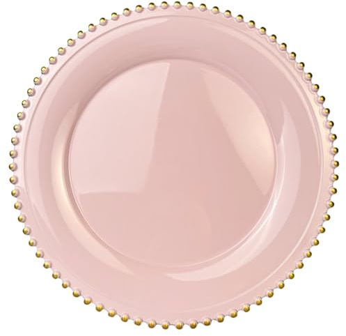 UOEKCS Pink Beaded Charger Plates, 13 Inch Plastic Round Chargers for Dinner Plates, Party, Wedding, Birthday.Set of 6