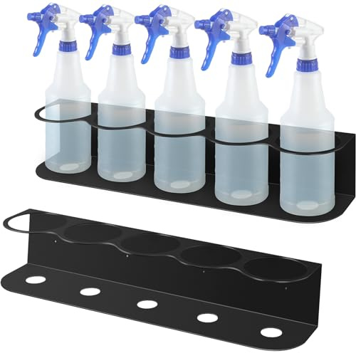Therwen 2 Pcs 5 Holes All Purpose Steel Spray Bottle Holder Heavy Duty Spray Can Holder Rack Organizer Easy Install Wall Mount Paint Bottle Organizer Storage Rack for Garage Home Workspace(Black)