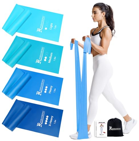 RENRANRING 4er Fitnessbänder, 1.5m Gymnastikband mit 4 Widerstandsstufen, Fitnessband mit Tragasche & Übungsanleitung,ideal für Yoga, Pilates, Muskelaufbau