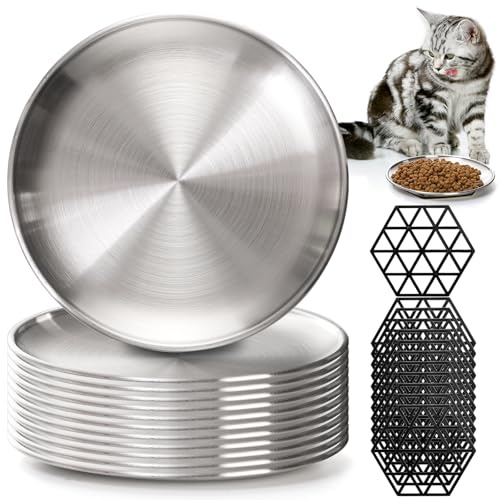 SOUJOY 12 Pieces Stainless Steel Cat Bowl, 6.7'' Shallow Cat Food Plate with Non-Slip Mat, 10 oz Whisker Friendly Wide Pet Dish for Cat and Small Pet to Prevent Whisker Fatigue