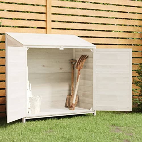 Iiaky Capanno da Giardino Bianco 102x52x112cm Legno Massello di Abete,Casetta da Giardino per Attrezzi,Capanno in Lamiera d'Acciaio con Tetto Inclinato,Ripostiglio per Attrezzi con Porte Scorrevoli pe