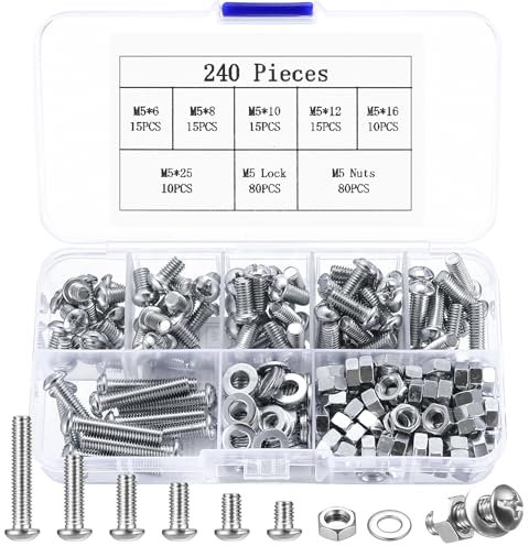 240 Pcs M5 Bolts and Nuts Set, Round Head Screws and Washers Assortment, Cross Pan Head Machine Screws Hex Nuts and Bolts Set with Lock Washers