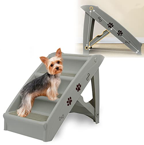 HENGMEI Klappbar Hundetreppe Hunderampe 49x38x61cm Haustiertreppe Treppen 4 Stufen mit Rutschfesten Matte und Stützstange für Kleine und Große Hunde Katze (Grau)