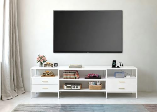 Chleby Stoffkommode mit 4 Schubladen TV-Schrank mit Steckdosen und LED-Lichtleiste Aufbewahrungs aus Leder Stoff für Wohnzimmer, Schlafzimmer, Kinderzimmer, 160x40x63, Weiß