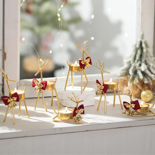 Inweder Weihnachten Rentier Teelicht Kerzenhalter: 6 Stück Gold Teelichthalter für Tafelaufsatz Kerzenständer für Kamin Deko Rentier Weihnachtsdekoration für Fenster