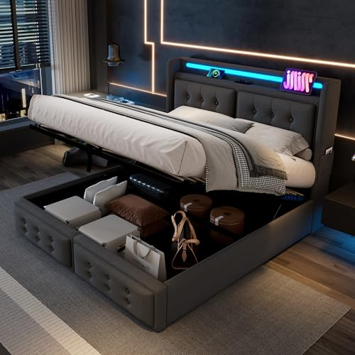 Ymkua Polsterbett Doppelbett Bett 140x200 cm mit LED-Kopfteil, Jugendbett mit Stauraum und USB-Typ-C Ladefunktion, Stauraumbett Bettgestell mit Lattenrost aus Holz, Grau, Baumwolle, Ohne Matratze