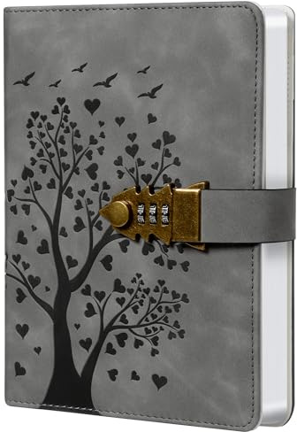 HwxBen Herzförmiger Baum Tagebuch mit Schloss – 244 Seiten, A5 (5.8“ x 8.4”), PU-Leder, Tagebuch mit Zahlenschloss Lesezeichen – Grau – Ideal für Notizen, Planer und kreatives Schreiben