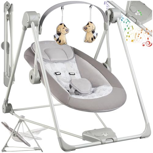 tectake® Dondolo Elettrico per Neonati, 5 Livelli di Velocità, Dondolo Bambini con Timer, Arco Giochi con Peluche, Dondolo per Bambini con Suoni Naturali Rilassanti - Grigio Chiaro