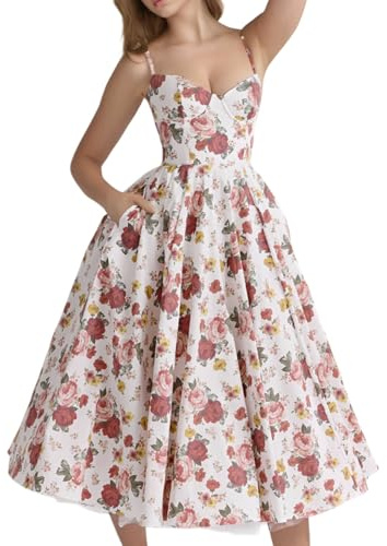 YILKOO Ärmlös, midiklänning för kvinnor, retro, spagettirem, A-linje, klänningar, stor fåll, festklänning med fickor, Blomma 1, L