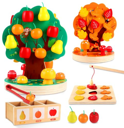 INIFEIDALA Montessori Toys for 3 4 5 6 Year Old - Wooden Sensory Toy for Toddlers - Apple Picking Magnetic Tree Toy - Shape Sorting Puzzle for Fine Motor Skills,Hand-Eye Coordination,Color Recognition