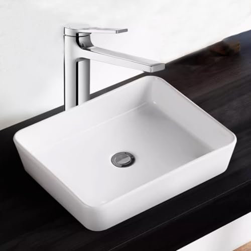 Ceramic Rectangular Bathroom Vessel Sink, Modern Above Counter Small Washbasin Above Counter Vanity Sink Basin with Faucet and Drain Set, Vanity Sink Basin