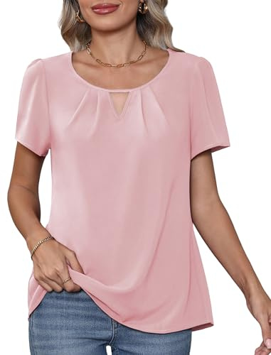 YGJIEGENG Womens Tops Short Sleeve Summer Womens Blouses Chiffon T Shirts | Pleated Round Neck Casual Elegant Ladies Tops Loose Flowy Shirts Blouse Work Business and Going Out,S-2XL