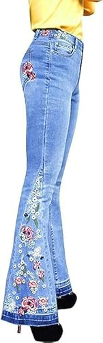 Lxitoler Schlaghose Damen Jeans Blumen Jeanshosen Jacquard Denimhose Vintage Stickerei Schlagjeans Elegante Bootcut Röhrenjeans Hohe Taille Flared Pants Y2K