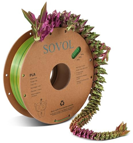 Sovol Silk Tri-Color PLA Filament 1.75mm 1kg, Neatly Wound 3 in 1 Multi Colour Rainbow 3D Printer Filament, Gold Green Rose