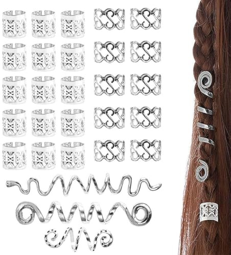SIRLOMU 28 pièces Perles Dreadlocks De Cheveux Vikings, Ajustable Spiral Coils En Métal, Bijoux Tresse, Accessoires Cheveux, Bijoux De Cheveux Pour Femme, Perle Cheveux, Pour Hommes Femmes (Argent)