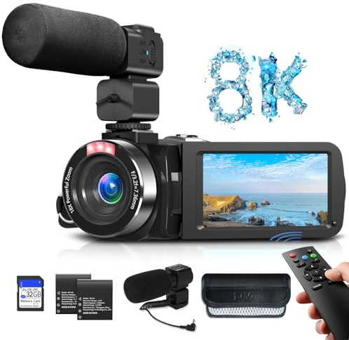 Video Camera, 8K Camcorder 48MP UHD WiFi Vlogging Cameras for YouTube 18X Digital Zoom IR Night Vision 3.0''Touch Screen Camera with External Microphone, 32GB SD Card and Batteries