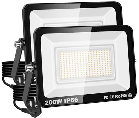 PICAA Projecteur LED 200W, étanche IP66, éclairage de sécurité 20000 LM | applique murale extérieure, blanc chaud 3000K, pour jardin, cour, garage, terrasse, entrepôt, avec prise UE (2 pièces)