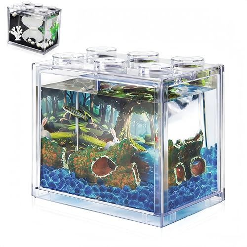 Small Betta Fish Tank, Mini Sea Monkey Tank Aquarium Kit with Gravel & Background Resin Decor, 0.6 Gallon Stackable Tabletop Fish Bowl Accessories for Shrimp Seaweed Ball