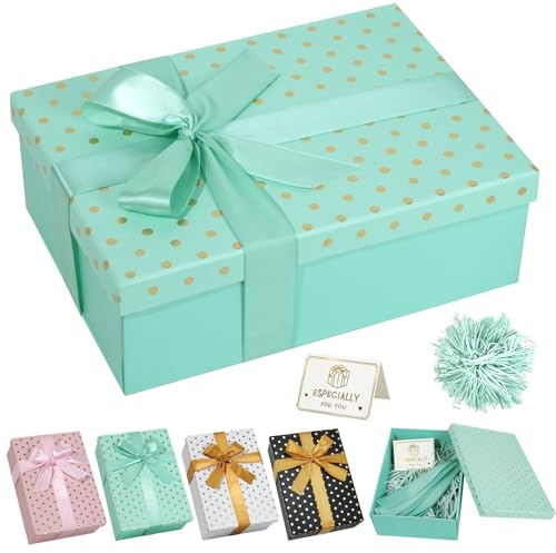 Grün Geschenkbox mit Deckel 25x18x8.5cm Groß Geschenkbox | Polka Dot Muster mit Raffiapapier,Grußkarte,Schleife, Faltbare Geschenkverpackung Box für Hochzeit Geburtstag Weihnachten