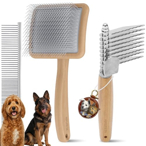 YOYUPETA große Slicker Bürste für Hunde & Katzen mit langem Fell – 3-teiliges Set mit Entfilzer & Edelstahlkamm – 25mm Pins gegen Unterwolle & Verfilzungen – für Golden Retriever & Maine Coon | Ideal für Goldendoodles, Pudel, langhaariges lockiges Fell; Premium-Holzgriff; robustes Entfilzungswerkzeug; entfernt Matten.