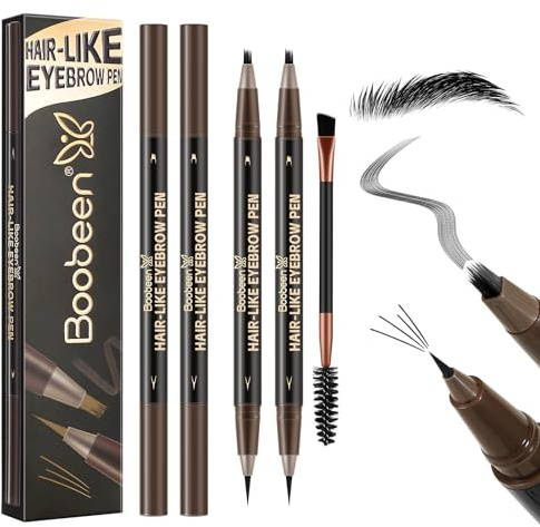 Boobeen 2er-Set Wasserdichter Augenbrauenstift, Doppelseitiger Eyeliner Microblading-Augenbrauenstift für Frauen, Langlebiger, haarähnlicher Brauenstift mit Augenbrauenbürste, Dunkelbraun