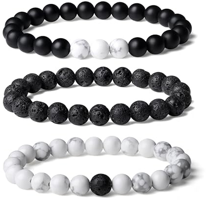 Sahoottie 3-4 Stücke Armband Herren Naturstein Perlenarmbänder Herren 8mm Tigerauge Armband Schwarzer Lavastein Perlenarmband Set Stretch Armbänder Männer Geburtstagsgeschenk für Männer