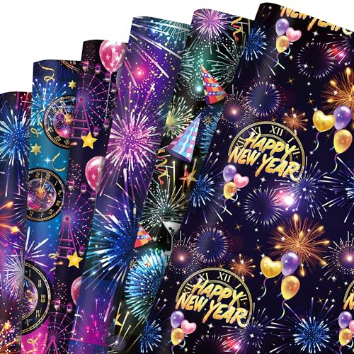 12x Geschenkpapier Neues Jahr Weihnachten Weihnachtspapier Feuerwerks Muster,Doppelseitig Bedrucktes Geschenkpapier 6 Arten Weihnachtspapier Blatt Wrapping Paper Neues Jahr,50 x 68 cm